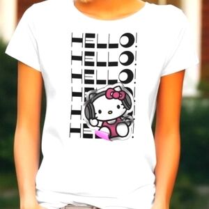 Hello Kitty By Sanrio Junior Girls Sticker Theme Shirt White & Pink Sm Md Lg Xl